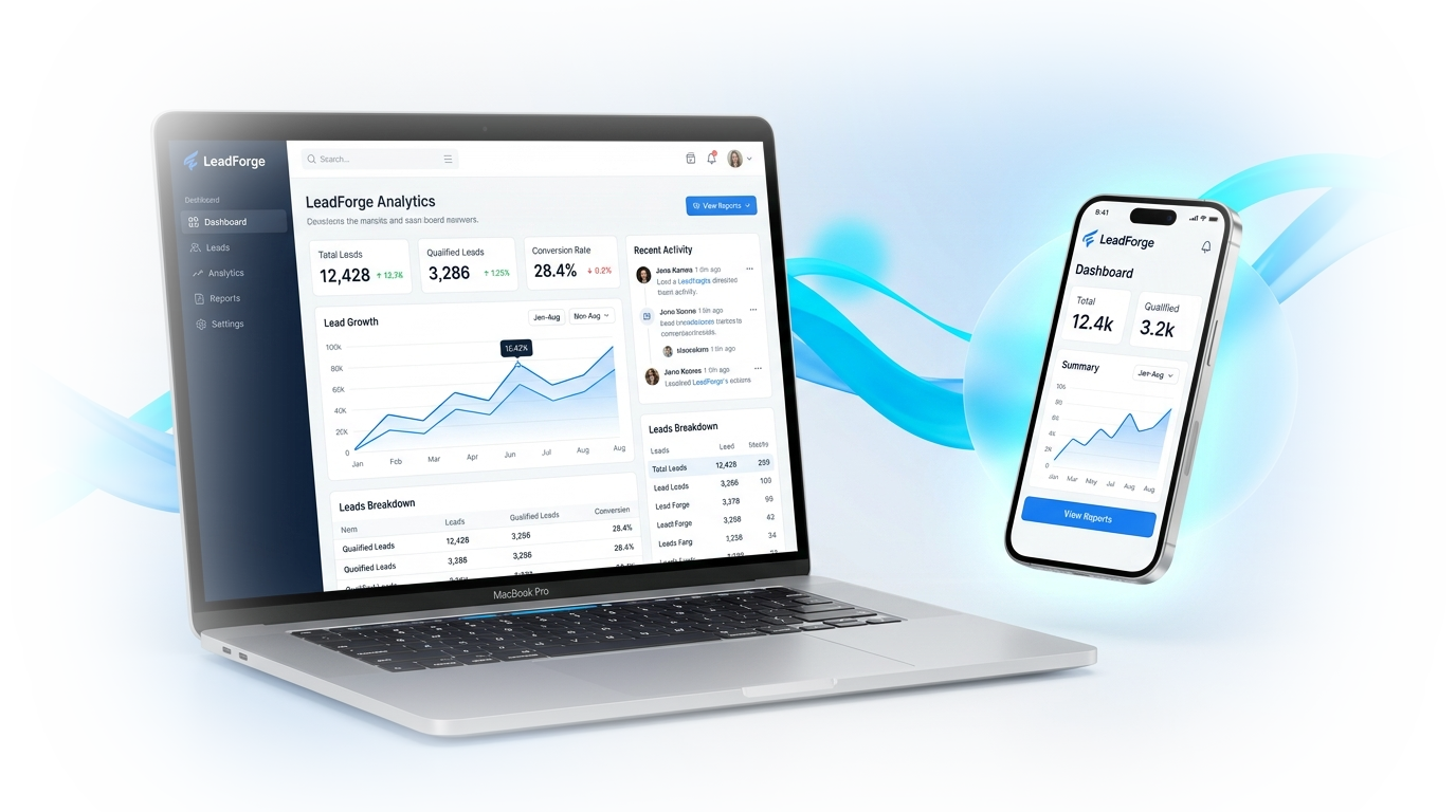 TechGrow Enterprise Product Architecture - LeadForge Platform on MacBook and iPhone